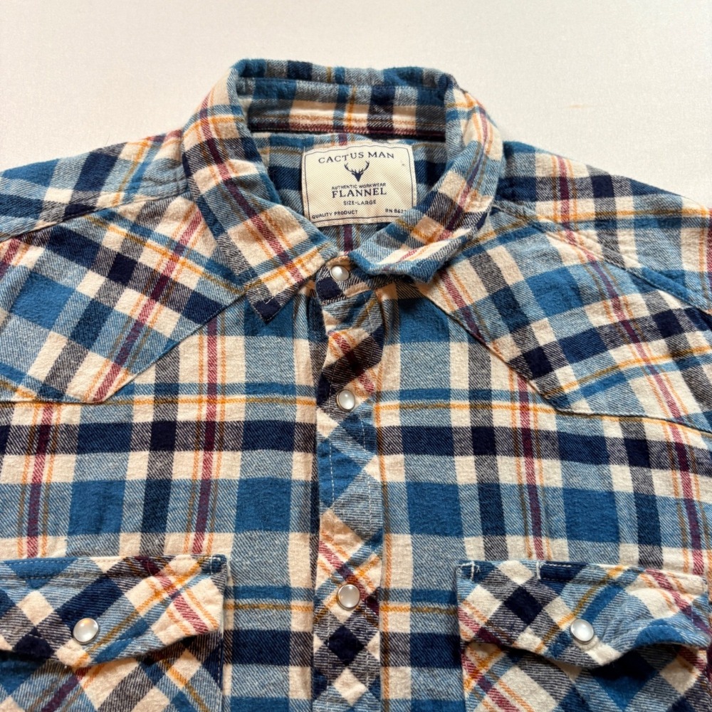 Cactus Man Flannel Shirt Mens Large Blue Plaid Western Snap Cotton Workwear L